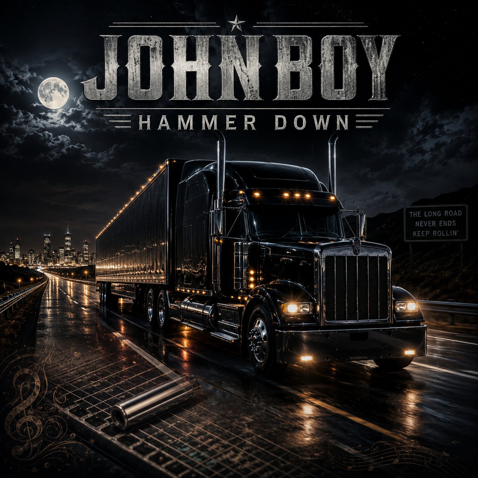 JohnBoy Hammer Down single cover featuring a black semi truck on a highway at night